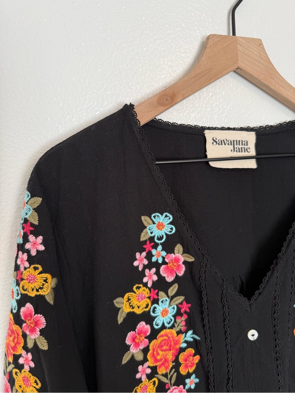 Savanna Jane - Embroidered Floral Long Sleeve Button Front Blouse Top Black - 2X - Picture 7 of 11